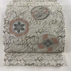 丸帯 美品 逸品 リバーシブル 向鳥 草花 金銀糸 箔 灰白 お太鼓柄 正絹 ...