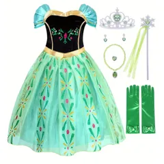 ラスト1点 女の子 キッズ プリンセス ドレス 豪華 7点セット 誕生日 ハロウィン テーマパーク イベント ハロウィン コスチューム コスプレ グリーンカラー 綺麗 大人っぽい