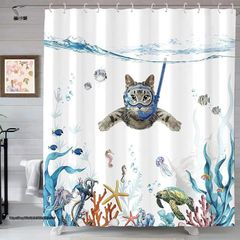 YMSTco シャワーカーテン 猫 防水 防カビ 目隠し 可愛い ユニットバス お風呂カーテン バス用品 海水浴 小窓 アニマル 180cmx200cm(ブルー,  丈180 cm x 幅200 cm (2枚組))