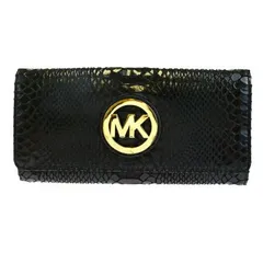 【中古】 超美品 マイケルコース MICHAEL KORS 二つ折り 長財布 パイソン柄 ブラック スエード レザー 01HC366