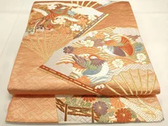 平和屋着物◎六通太鼓柄袋帯　唐織　扇面花鳥文　金糸　正絹　逸品　DAAK8182bc