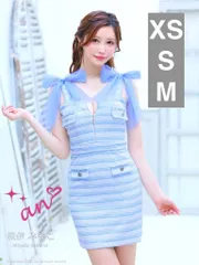 ブルー [AOC3615-LTGR-2402]【an /アン】 ボーダー/ ツイード/ ショルダーリボン/ ノースリーブ/ フロントジップ/ ポケット/ タイト/ ミニドレス/ キャバドレス/ ワンピース
