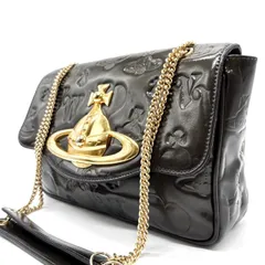 ✨美品✨ Viviennewestwood ヴィヴィアンウエストウッド オーブ ショルダーバッグ ハンドバッグ エンボス加工 チェーン ゴールド金具 エナメル ブラック 黒色 ユニセックス 男女兼用 レディース メンズ