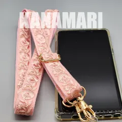 [171]インド刺繍リボンのスマホ用ショルダーストラップ（ピンク、金具：ゴールド系）、ハンドメイド