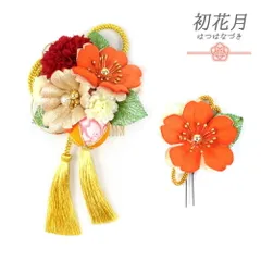 髪飾り 成人式 水引 赤 振袖 袴 花 2点セット 花 オレンジ 橙色 シャンパンゴールド 白 ちりめん 房 組紐 玉飾り ラメ 和柄 パ No.12-0298