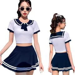 RONGUI 泳げる セーラー服 コスプレ 水着 スクール水着 スク水 女子高生 制服 へそ出し ミニスカート( ネイビー)