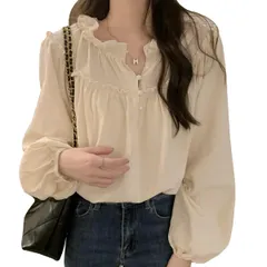 [ウェアビー] ボリュームスリーブ フリルブラウス くるみボタン レトロ ギャザー かわいい オシャレ ふんわり 二の腕カバー レディース スタンドカラー バンドカラー 長袖 ロングスリーブ 清楚 春夏 秋冬 パフスリーブ ハイネック  [アイボリー] [M]