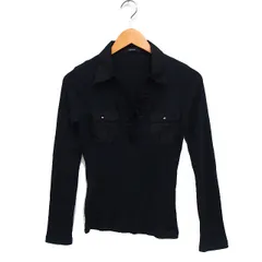 コムサイズム COMME CA ISM リブ ニット ポロシャツ 開襟 長袖 フリル 無地 コットン 綿 L ブラック 黒 /FT38