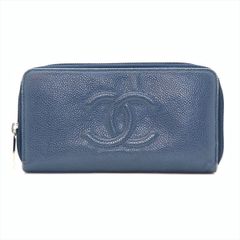 シャネル CHANEL 長財布 キャビアスキン シャネルロゴ レディース ラウンドファスナー ネイビー【中古】