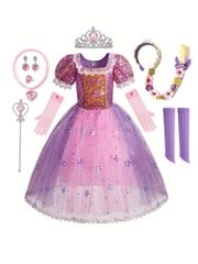 女の子の魅力的でファンシーなプリンセスドレスアップ衣装、スパンコールのパフスリーブレーストリムチュチュドレス、手袋、ハロウィンやステージパフォーマンス用のアクセサリー