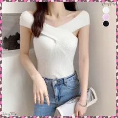 送料無料 2WAYオフショルダーサマーニット 春夏 ニットトップス レディース クロスデザイン セクシーリブニット Vネック 無地 肩だしニット フィット感 ニットインナー 着やせ リブニット オフショルニット 鎖骨見せ トップス