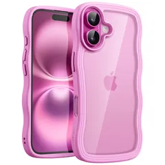 【迅速発送】JETech iPhone 16 6.1インチ用 ウェーブ ケース かわいい 波状フレーム うねうね 耐衝撃 スマホカバー 女性用 女子向け クリア ハードPCバック (ピンク)