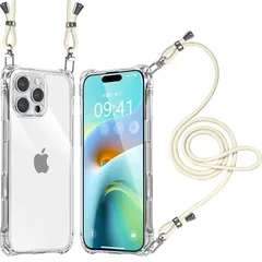 iPhone 16 Pro ケース クリア ショルダー 耐衝撃 肩掛け 首かけ 斜めがけ 縄掛け アイフォン16pro カバー 調節可能な 透明 落下防止 縦/横 紛失防止 2WAY （ホワイト） 0