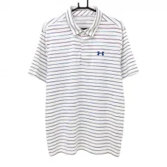 【超美品】アンダーアーマー 半袖ポロシャツ 白×ブルー ボーダー柄 胸元ロゴ メンズ XL ゴルフウェア UNDER ARMOUR