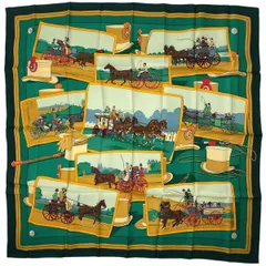 エルメス HERMES カレ90 馬車とハット 写真柄 スカーフ シルク グリーン マルチカラー レディース 【中古】