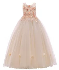 140_ベージュ [AOIF LLMY] 子供ドレス ロングドレス 女の子 ジュニア ピアノ 発表会 パーディー 演奏会 フォーマル 入園式 結婚式 ワンピース【120/130/140/150/160/170】 20343