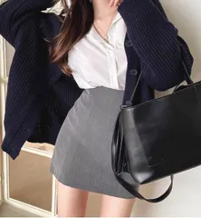 タイトスカート　韓国　グレー　灰色　無地　裏地　ミニスカート　制服　コスプレ