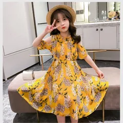 送料無料 イエロー シフォン 半袖 オフショルダー 花柄 ロングワンピース キッズ 子ども 春夏 かわいい 韓国子供服 女の子 ガールズ 110cm 120cm 130cm 140cm 150cm 160cm