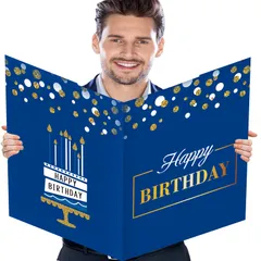 ジャンボバースデーカード 封筒付き 14×22インチ 特大ネイビーブルー 誕生日パーティーグリーティングカード ジャイアントゲストブック メッセージグリーティングカード 男性用の大きな誕生日ギフトカード ハッピーバースデーパーティーデコレーション用品 
