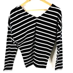  アダムエロペ  Adam et Rope' Vネックカットソー ボーダー 長袖 日本製 コットン100％ ブラック系 2025032700016