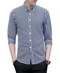 [Four leaf] ストライプシャツ メンズ カジュアルシャツ ストライプ ボタン 七分袖 襟付き 春 夏 春服 トップス 大きいサイズ ワイシャツ (JP, アルファベット, M, ブルー) [ブルー] ioGi819