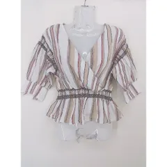 ◇ JEANASIS ジーナシス ストライプ ギャザー 七分袖 シャツ ブラウス サイズF ホワイト ブラウン マルチ レディース  【中古】 【1205300000821】