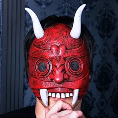 ハーフ鬼マスク 赤　　[鬼 コスプレ 節分 仮装 赤鬼 アカオニ マスク 仮面 雷様 怖い ホラー 肝試し お化け屋敷 ダンス 文化祭 学園祭 なりきり 豆まき 舞台劇 ハロウィン イベント]【C-0877_910770】MM+