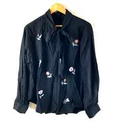  パーソンズ PERSON'S ブラウス 長袖 花刺繍 襟リボン タグ付き ボタン 黒 LLサイズ 2025082600175