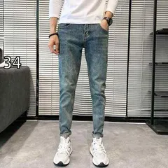 [34]メンズ ファッション 服 男性用 オシャレ シンプル 大人 かっこいい 大きいサイズ ストリート 紳士服 レトロ ダメージ ジーンズ スリムフィット ズボン 伸縮性 カジュアル 九分丈 パンツ