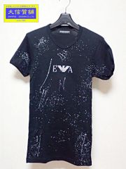 EMPORIO ARMANI エンポリオ アルマーニ レディース 半袖 Tシャツ M Vネック ブラック ロゴペイント 中古A+ 【送料無料】 A-8241