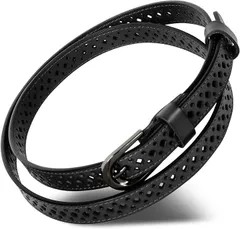 Harewith ベルト レディース 本革 細ベルト ゴルフ スーツ長さ調整可能 柔らかい 軽量(ブラック柄,  Free Size)