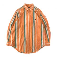 M 90s 90年代 ポロ ラルフローレン polo ralph lauren インド製 長袖シャツ コットンシャツ 綿 古着 ボタンダウンシャツ ストライプ ボーダー 太ボーダー オレンジ 白 緑