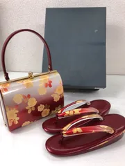【使用感あり美品】草履 バッグ セット ／ Zori Sandals & Handbag Set 赤金×薔薇 Sサイズ 成人式・卒業式に◎ 和装小物