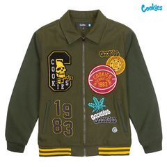 COOKIES LIVEWIRE MELTON WOOL VARSITY JACKET【OLIVE】(クッキーズ アパレル 服 ジャケット スタジャン スタジアムジャケット ワッペン)
