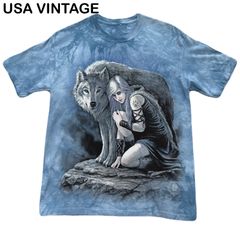 Anne stokes collection リアルアニマル 狼 少女 ガールズフォト リアルプリント 海外古着 メンズ レディース タイダイ Tシャツ