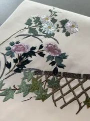 名古屋帯　刺繍　垣根に花　長尺