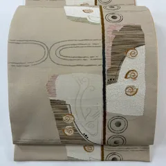 【美品】 袋帯 名品 幾何学模様 金糸 箔 ベージュ 六通 正絹 【中古】