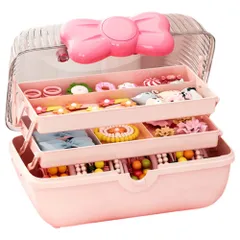 ☆ ピンク ☆ 収納ボックス リボン たっぷり収納 ジュエリーボックス リボン 大容量 子供用 アクセサリーボックス アクセサリーケース ジュエリーケース 収納ボックス 小物入れ 収納ケース 宝石箱 バスケット 3段 ハンドル付き たっぷり 持ち運び 整理