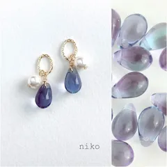 ◆ 329 アクアマリン アメジスト しずく ガラス パール ピアス イヤリング ◆ 再販 人気 上品 シンプル 小ぶり プチプラ ハンドメイド 紫 パープル