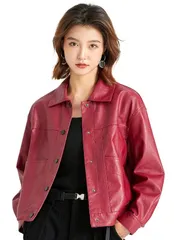 2XL_ワインレッド [Hanmall] レディース PU レザー ジャケット 長袖 ボタン カジュアル 革ジャン ショート丈 ライダース ライダース アウター