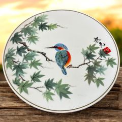 某有名骨董市買入 絵皿四季歳時記 7月 楓に翡翠 左高秋光 かわせみ 未使用 美品 蔵出し 飾り皿