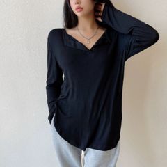 Ｔシャツ 長袖 ロンＴ ヘンリーネック ヘム シンプル インナー レディース 韓国ファッション 重ね着 おしゃれ かっこいい ボタン ラウンドヘム 無地 ベーシック 夏 ファッション 大人 上品 春服