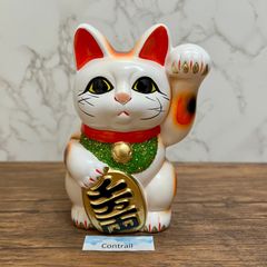 【常滑焼】 富本白小判猫 左手 5号 貯金箱 縁起物 置物 開運招福 千客万来 Tokoname Ware Maneki Neko Lucky Cat Piggy Bank