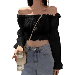 【数量限定】[fourfivesixはる] オフショルダー トップス 肩出し レディース ブラウス 着痩せ フリル 長袖 シフォン シャツ ゆったり カジュアル 無地 ショート丈 へそ出し セクシー かわいい 短め きれいめ 通勤 おしゃれ 可愛い 春夏秋