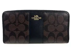 美品　コーチ　COACH　シグネチャー　PVC　レザー　ラウンドファスナー　小銭入れ付　長財布　ブラウン×ブラック　送料無料
