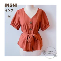古着　INGNI　イング　麻調ペプラム　トップス　五分袖　ブラウス　シャツ　オレンジ　Mサイズ　前リボン　リネン調　レディース　カジュアル　フェミニン　春　夏
