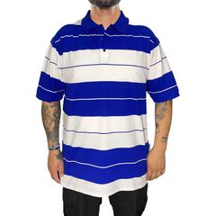 M TOWN PIQUE POLO SHIRTS【BLUE×WHITE】(メンズ 大きいサイズ 服 ポロシャツ 半袖 ショートスリーブ ボーダー 西海岸 チカーノ ウェッサイ ローライダー ロサンゼルス LOS ANGELES)