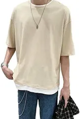 [Four leaf] Tシャツ メンズ 半袖 シンプル 無地 お洒落 重ね着風 ゆったり 五分袖 春 夏 (L, ベージュ) [ベージュ] [L]
