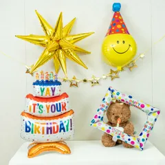 誕生日 風船 パーティー 飾り セット バルーン装飾 スマイルハット 星型ガーランド ケーキ風船 フォトフレーム 派手 カラフル バースデー デコレーション キッズ 大人 男女兼用 インスタ映え 写真撮影用
