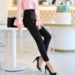 Lサイズのみ即納【レギンスパンツ★送料無料】ハイウエストフリル美脚スリムパンツ♪レギパン　スキニー　ブラック　黒　お嬢様